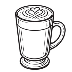 Vector illustration of a glass filled with latte coffee, in black and white style with bold black outline, modern and minimalist design.

