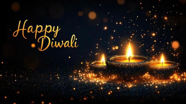 Happy Diwali golden text over three glittery diya lamps with flickering flames and sparkling bokeh on dark background. Deepavali, Festival Lights, Dipawali - Hindu Celebration, Indian Festival