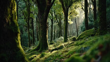 Naklejka premium time-lapse of magical green forest in New Zealand, moss-covered trees, soft sunlight rays through leaves, lush wilderness, cinematic nature beauty