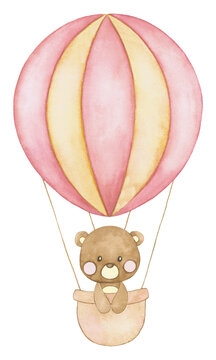 Osito enamorado en globo con corazones. Pintado a mano en acuarela. Decoracion de san valentin y tarjetas