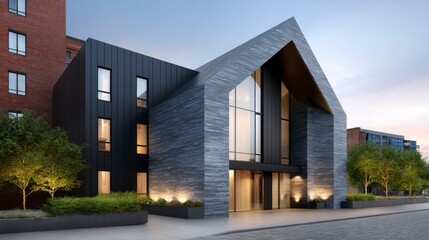 Fototapeta premium Modern contemporary building with distinctive geometric architecture and illuminated facade