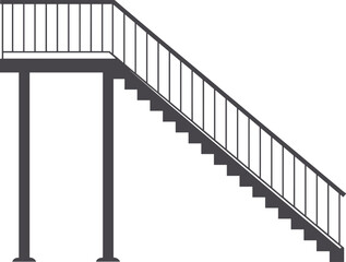 Staircase elevation cad drawing with railing, architectural flat vector illustration for construction, structure design, technical stairs side view, engineering draft with steel support