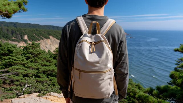 Man backpack hiking cliff overlooking ocean waves rocky coastline green trees clear blue sky scenic view nature adventure outdoors