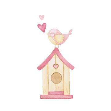 Casita de enamorados con corazones, pajaritos y flores. Pintada a mano en acuarela. San Valentin