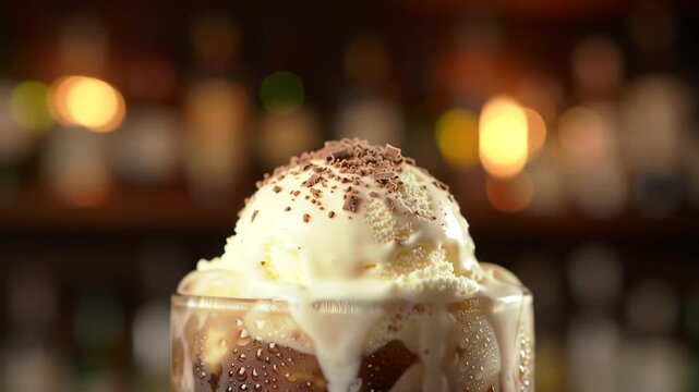 A close-up of a root beer float with vanilla ice cream and chocolate shavings.