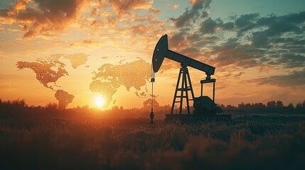 A silhouette of an oil pump with a world map in the background, indicating global influence and powerful growth potential for the company, set against a sunset sky.