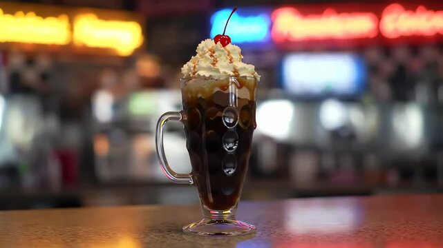 A close-up view of a classic ice cream soda, topped with whipped cream and a cherry, in a vintage diner.