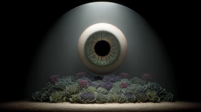 Giant realistic eyeball suspended above a cluster of colorful ornamental cabbages