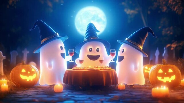 Three cute friendly ghosts wearing witch hats celebrating Halloween in a spooky cemetery with glowing pumpkins. Samhain