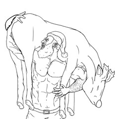 Illustration of muscular Santa Claus carrying a reindeer outline