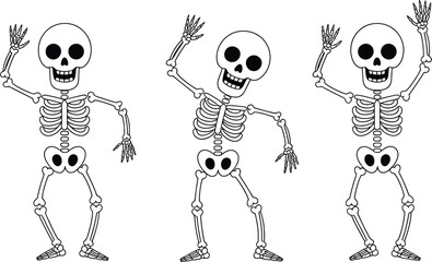 Three cartoon skeletons dancing together