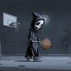 Spooky Basketball Skeleton Cartoon: Dynamic Digital Art in Urban Nighttime Halloween Setting