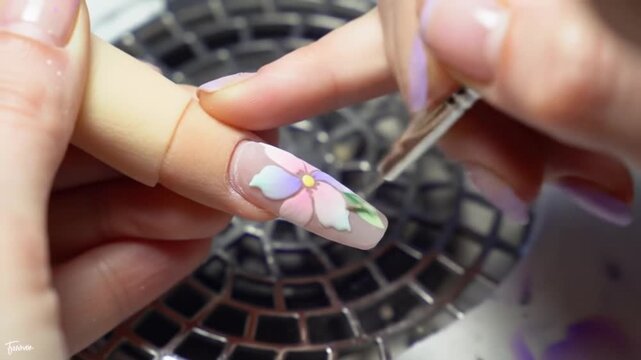 AI-generated macro shot of a nail artist applying an intricate pastel floral design using a fine