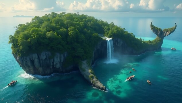 A colossal island shaped like a whale, with lush green forests on its back and a waterfall cascading from its tail into the turquoise sea, surrounded by glowing plankton and small fishing boats at dus