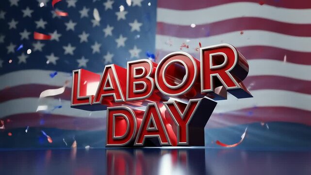 Three-dimensional "Labor Day" text against a blurred American flag backdrop, adorned with celebratory confetti.