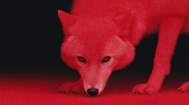 A bright red wolf crouches low with intense eyes against a dark background and a red surface