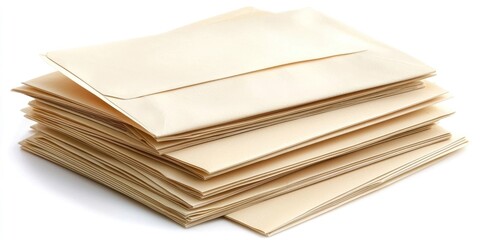 A stack of beige envelopes on a white background, suggesting a theme of correspondence or mail.