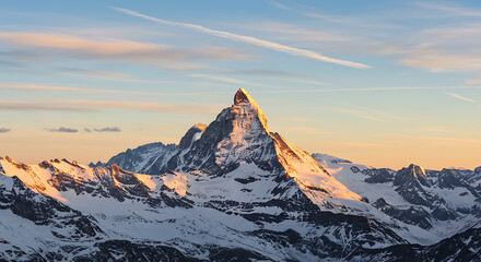 Majestic snow capped Mount Matterhorn glows at sunrise in Swiss Alps