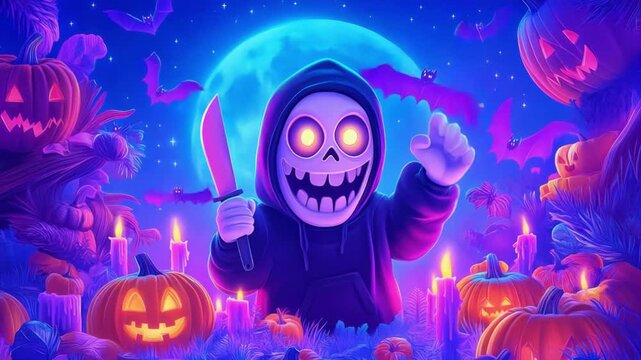 Cartoon grim reaper character in a hoodie holding a knife, with bats and glowing pumpkins. Halloween night scene under a full moon. Samhain
