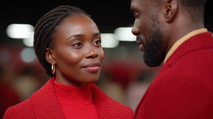 Fototapeta premium Couple in red coats looking at each other with soft expressions outdoor setting