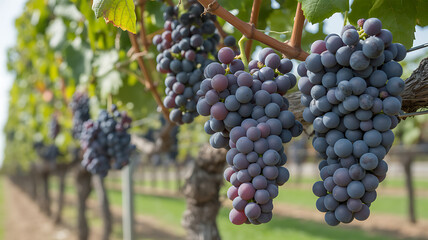 Fototapeta premium Clusters of dark grapes hang from a vine in a vineyard.