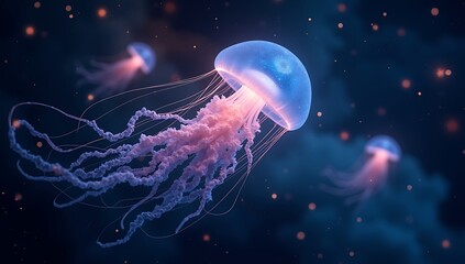 Luminous jellyfish drifting in a deep space galaxy.