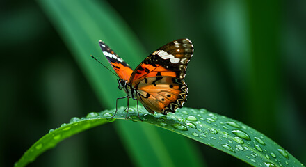 Obraz premium Vibrant Painted Lady Butterfly perched on dewy green leaf