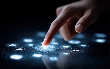 A hand touches a glowing interactive interface
