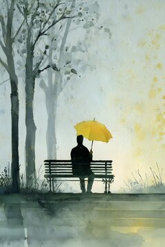 Watercolor Silhouette of Person on Park Bench with Umbrella, Generative AI