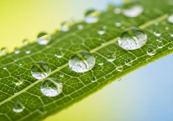 Macro Dewdrops on Green Leaf with Pastel Blur