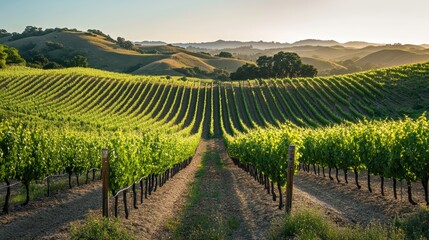 Fototapeta premium A lush vineyard stretches across rolling hills under a golden sunset, featuring neatly arranged rows of grapevines.