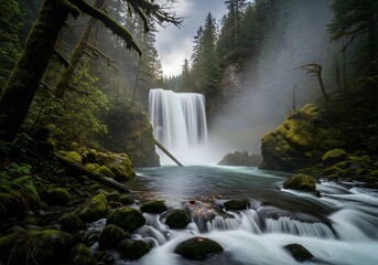 Majestic Waterfall in Lush Temperate Rainforest