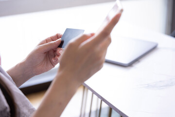 Hands of woman online shopping by card and smartphone in the living room
