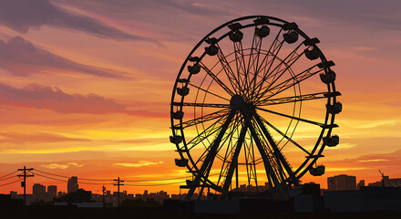 Bright Sunset Over City Skyline With Iconic Ferris Wheel