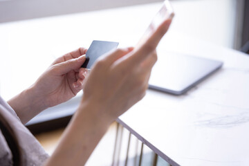 Hands of woman online shopping by card and smartphone in the living room