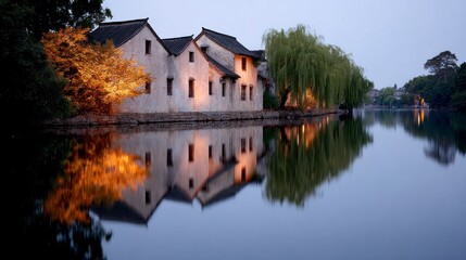 Fototapeta premium Ancient white village houses line a tranquil canal with weeping willow and illuminated trees reflecting