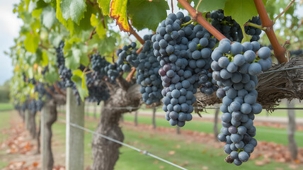Clusters of dark grapes hang from a vine in a vineyard.