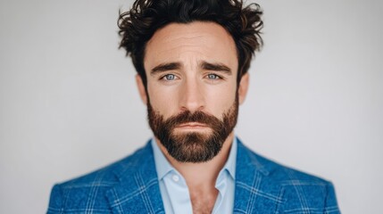 Fototapeta premium A man with blue eyes and a beard wears a blue plaid suit jacket Male Suits