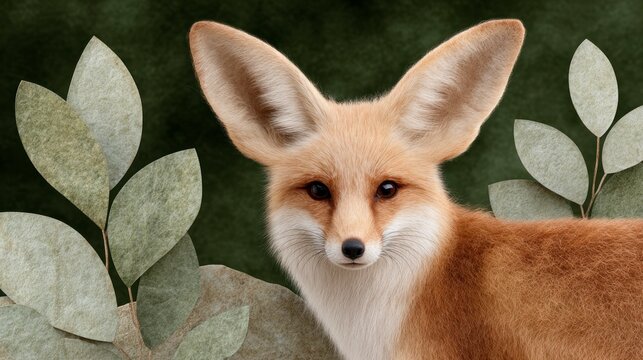 Close up portrait of a fennec fox with large ears amidst stylized leaves and a dark green background