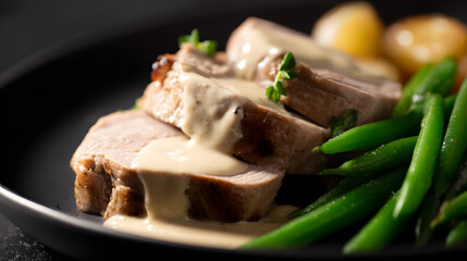 Delicious Pork Tenderloin Medallions with Calvados Cream Sauce Served with Green Beans and Potatoes