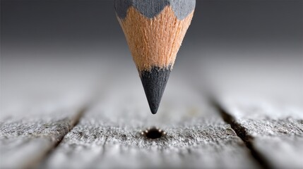 Extreme close up of a sharpened graphite pencil tip hovering above a textured wooden surface