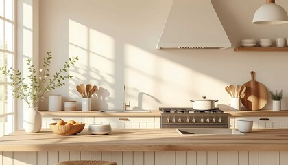 Bright Scandinavian kitchen design featuring stylish pendant lighting, wooden details, and neatly organized cooking utensils