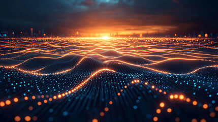 Abstract digital landscape at sunrise over a city