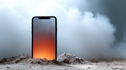 Black smartphone partially buried in sand with glowing screen against smoky background