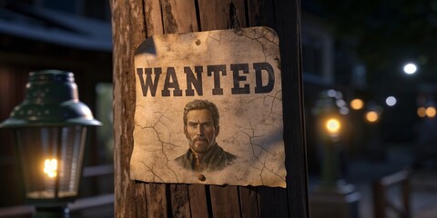 Mysterious wanted poster in a dimly lit town during twilight hours sparks curiosity