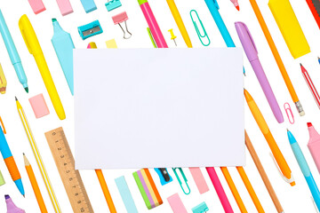 Colorful stationery surrounds blank paper, isolated on white, PNG