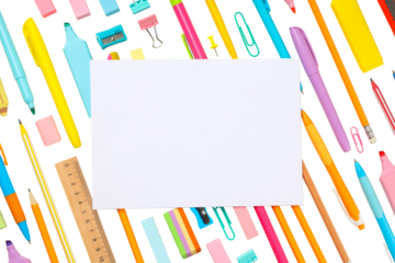 Colorful stationery surrounds blank paper, isolated on white, PNG