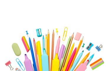 Colorful stationery for back-to-school, isolated on white, PNG