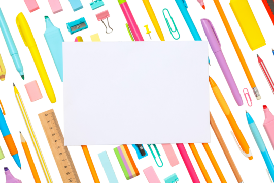 Colorful stationery surrounds blank paper, isolated on white, PNG