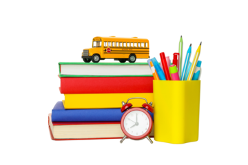 Books, a toy bus, and bright supplies, isolated on white, PNG